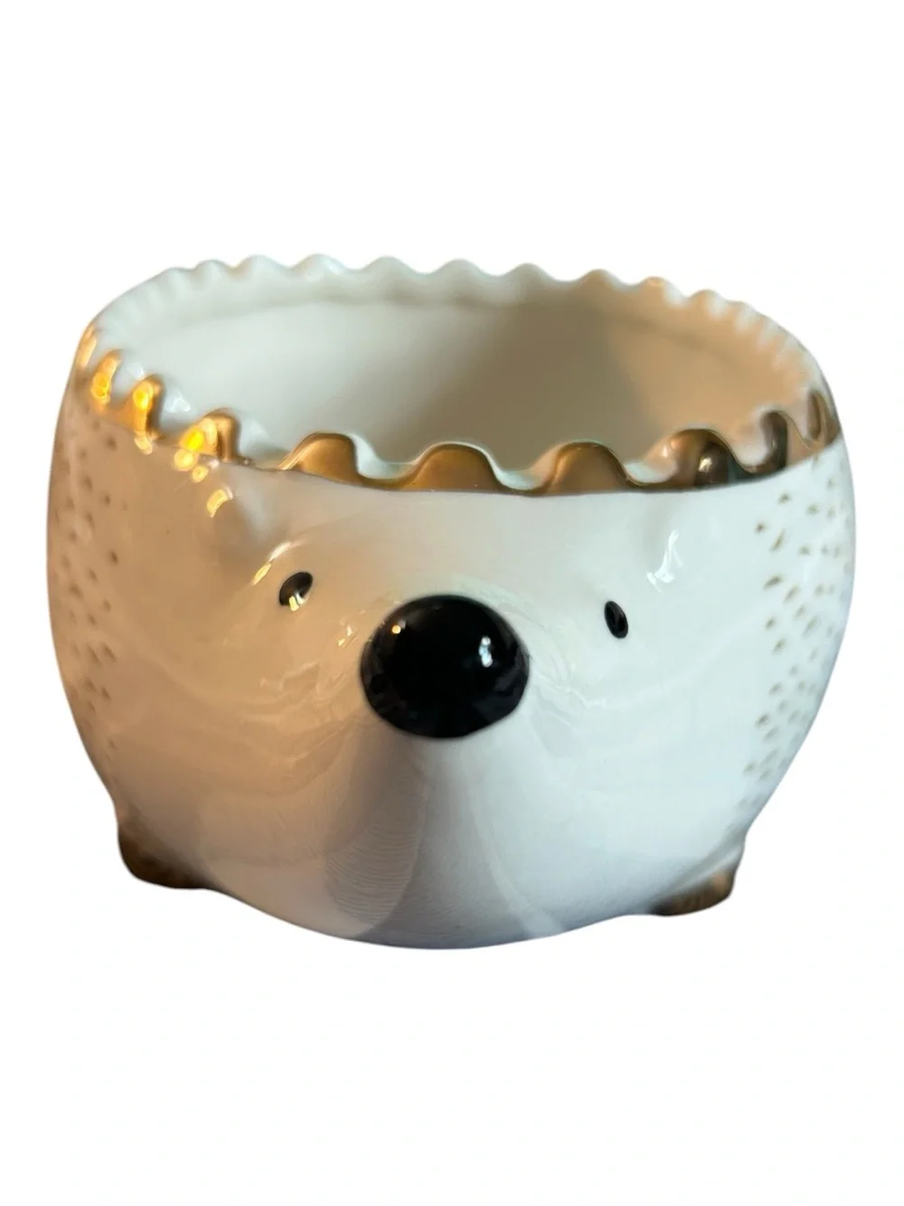 Signature White & Gold Ceramic Hedgehog Bowl EUC Whimsy China Animal Print